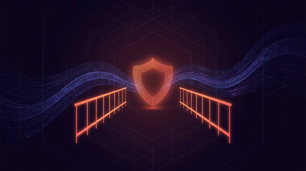 Abstract flame-lit shield and guardrails for AI Governance