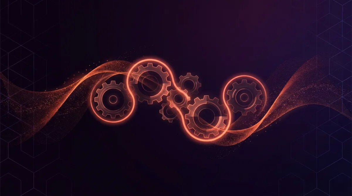 Abstract flame-lit interlocking gears and flow loop for Business Automation