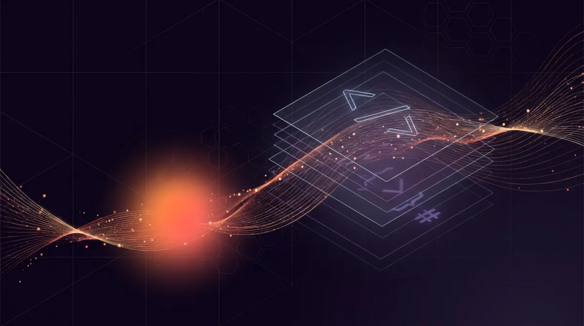 Abstract flame-lit layered planes and code brackets for Web Development
